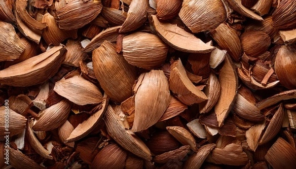 Fototapeta Close Up Of Natural Coconut Husk Chips Used As Substrate Component For Gardening And Potting Mixes Organic Soil Additive Texture Top View Background Horticulture Material