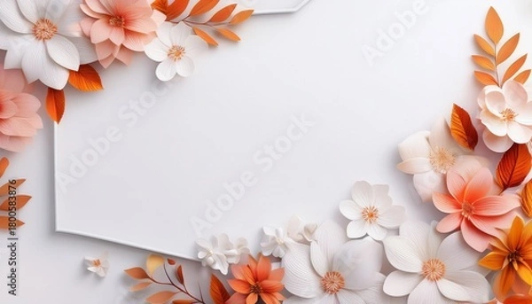 Fototapeta Beautiful Abstract Color White And Pink Flowers On White Background And White Flower Frame And Orange Leaves Background Texture Flowers Banner