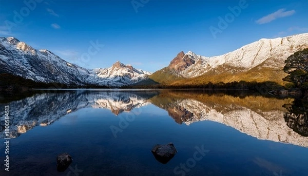 Fototapeta Snowy Mountains Reflecting On A Calm Lake