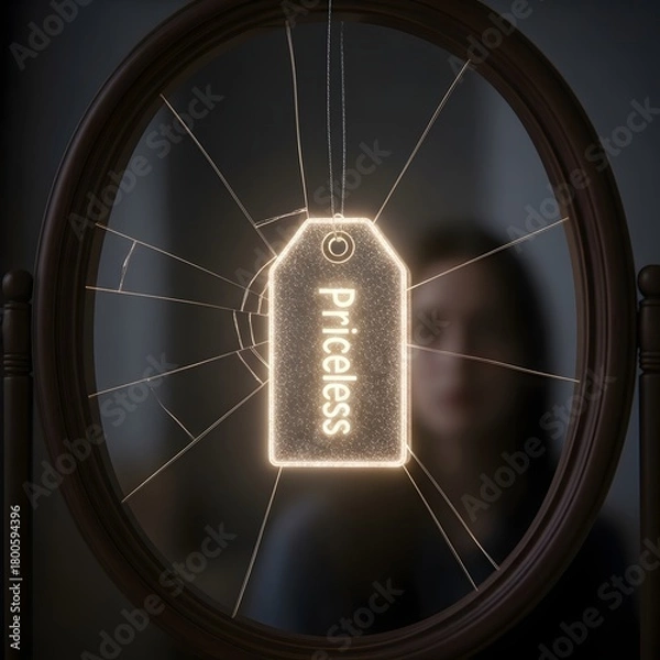 Fototapeta A glowing illuminated sign with the word 'Priceless' hanging on a mirror with a cracked surface, creating a reflective and artistic visual effect
