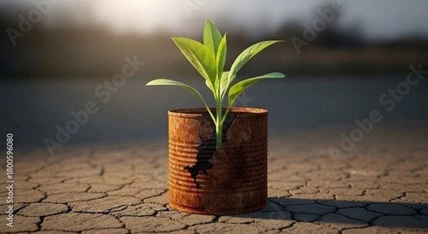 Fototapeta A young green plant growing in a rusty metal container placed on cracked dry ground under sunlight
