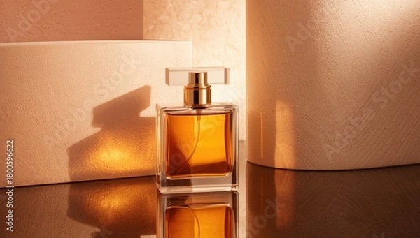 Fototapeta Elegant perfume bottle with golden liquid, bathed in warm sunlight and soft shadows
