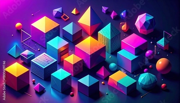 Fototapeta design style geometric shapes with bold neon colors and shadowing 