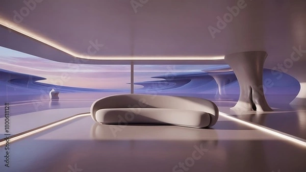 Obraz Modern minimalist interior with a curved sofa and abstract landscape view , landscape, view, window, architecture, sleek,