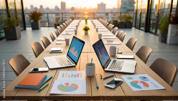 Fototapeta Long table on a rooftop at sunset, set up for a meeting with laptops and charts.