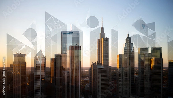 Fototapeta Cityscape at sunset overlaid with large, abstract white geometric shapes and triangles.