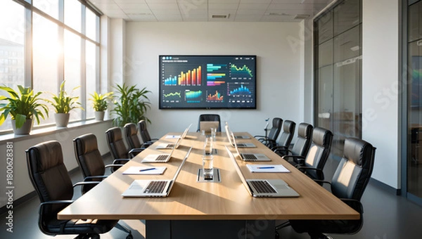 Fototapeta Sunlit conference room with a long table, multiple open laptops, and a vibrant chart displayed on the screen.