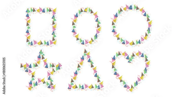 Fototapeta Set of Six Fun Vector Frames/Borders: Festive Collection of Rectangular, Oval, Circle, Star, Triangle, and Heart Shapes Outlined with Colorful Party Hats and Scattered Confetti, Ideal for Invitations,
