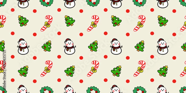 Obraz Christmas seamless pattern with snowmen and green fir trees. Christmas seamless fabric pattern, wrapping paper pattern, banner.