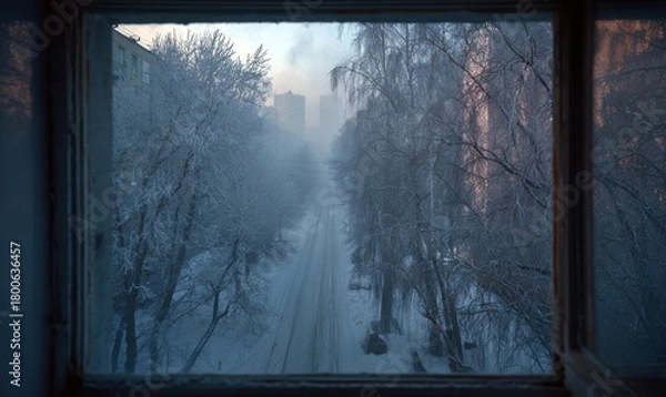 Obraz A window view of a snowy street with trees in the background