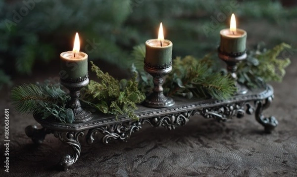 Obraz Three candles are lit on a silver tray with green leaves