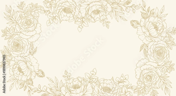 Fototapeta Elegant floral frame with delicate roses and leaves on a light background