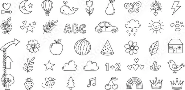 Fototapeta Hand-drawn vector doodle icons representing a variety of elements including nature, weather, food, transportation, and educational symbols for creative projects