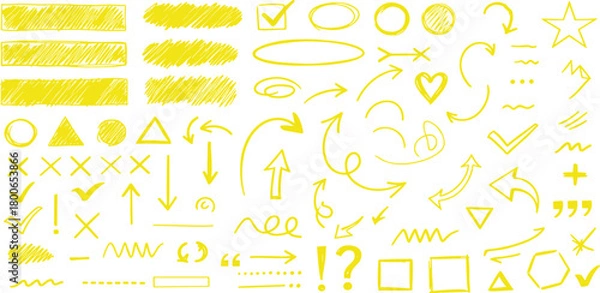 Obraz Collection of Yellow Scribble and Doodle Elements, Including Arrows, Checkmarks, Circles, Squares, and Hearts for Graphic Design and Creative Projects
