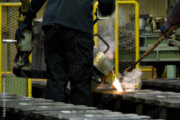 Obraz 鋳物工場で鋳型に高温の融解鉄を注ぎ込む作業者