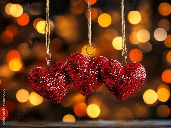 Fototapeta Three Glittering Red Hearts Suspended Against a Bokeh Background
