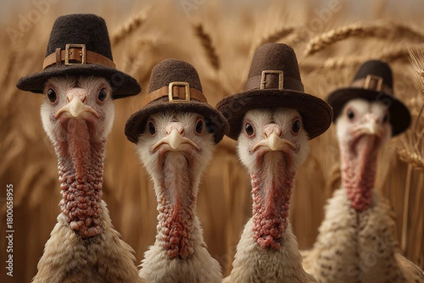 Obraz Thanksgiving turkeys wearing pilgrim hats in a golden wheat field. Festive autumn harvest, fall celebration, holiday symbol, traditional Thanksgiving scene