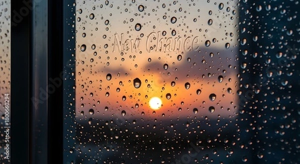 Obraz A close-up view of a rain-covered window with a blurred sunset in the background creating a peaceful and reflective atmosphere