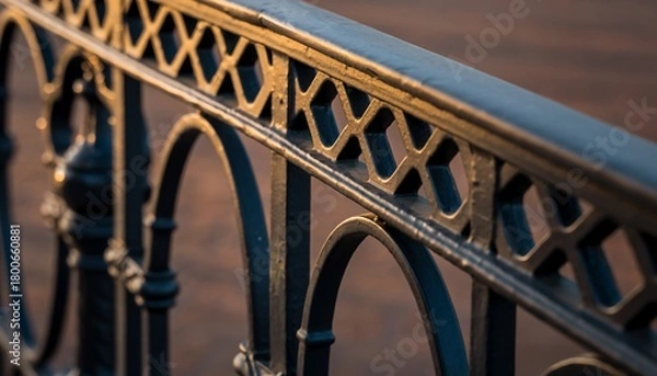 Fototapeta Close Up Black Iron Fence with Decorative Arches and Crosshatch Pattern in Warm Sunset Light
