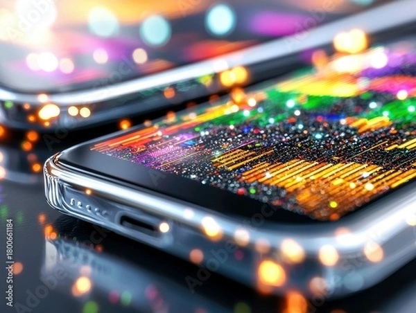 Fototapeta A close-up view of a modern smartphone screen displaying a colorful, abstract digital pattern with many small, glowing lights.