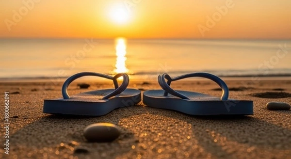 Obraz Flip-flops on Beach at Sunrise