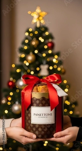 Obraz Hands holding panettone classico gift with red ribbon in front of christmas tree with lights