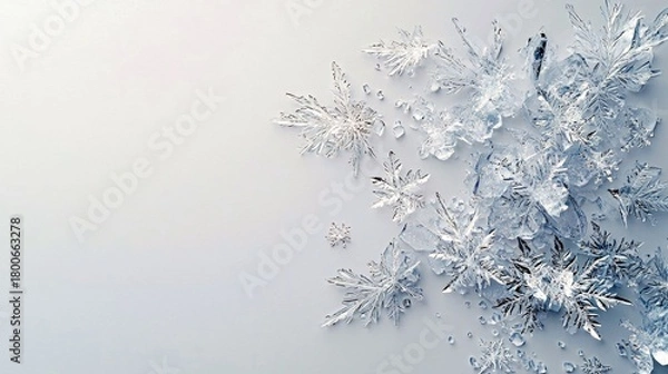 Fototapeta A collection of intricate ice crystals and snowflakes are artfully arranged on a clean white surface, evoking a sense of winter.