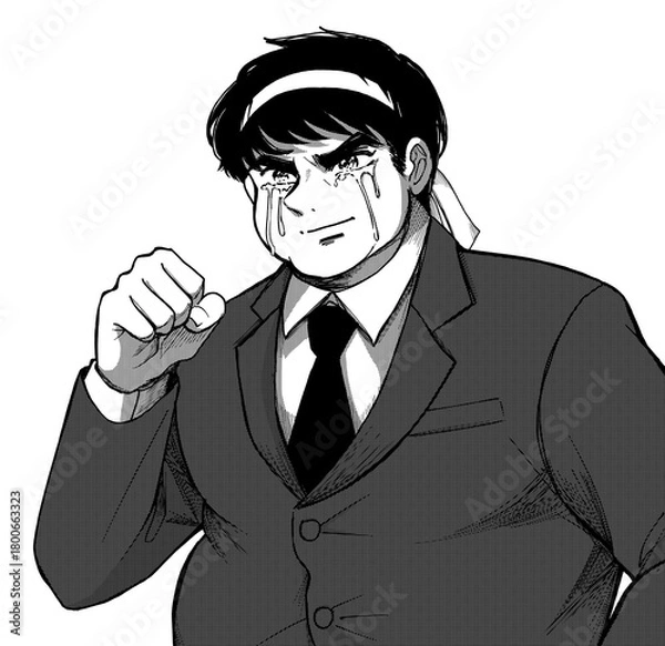 Obraz ハチマキを巻いて応援するガッツポーズ熱血太っちょの会社員イラスト