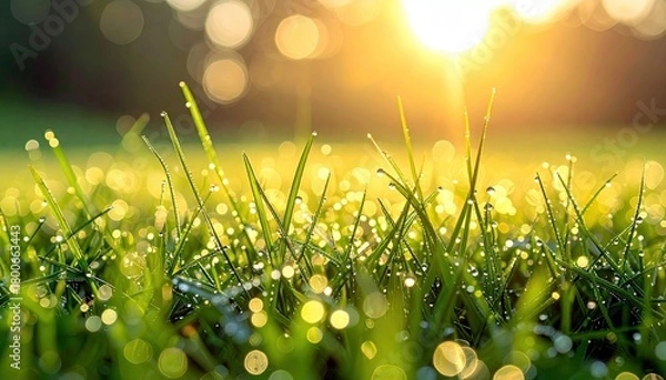 Fototapeta Dew drops on blades of green grass glisten in the warm sunlight, creating a serene and refreshing natural scene.