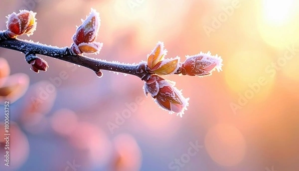 Fototapeta A branch with red buds covered in frost, illuminated by the warm glow of sunrise or sunset.