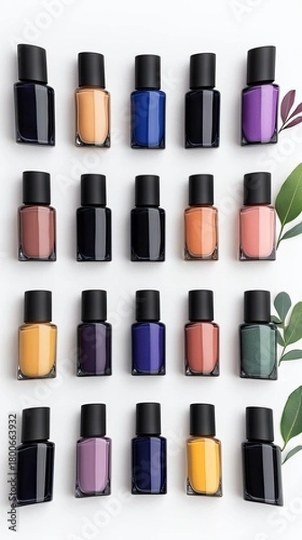 Fototapeta A variety of nail polish bottles in different colors are neatly arranged on a white surface, with a few green leaves adding a natural touch.
