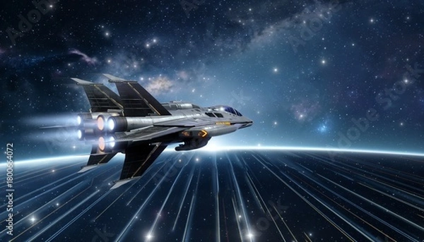 Fototapeta Futuristic Spacecraft Flying Over Earth at Night with Starry Sky and Milky Way