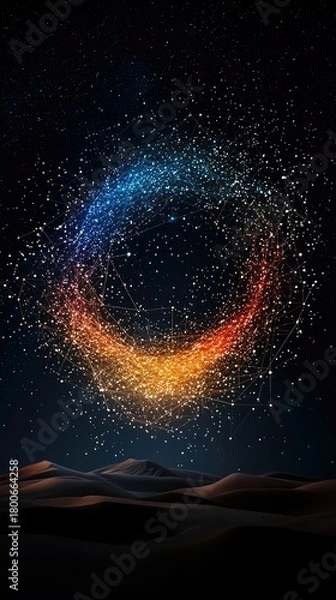 Fototapeta A circular formation of glowing dots and connecting lines, transitioning from blue to orange, hovers above a dark, undulating desert landscape under a starry sk