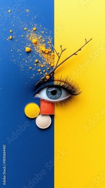 Fototapeta A striking visual merges a human eye with makeup elements and a twig, set against a bold split background of blue and yellow.