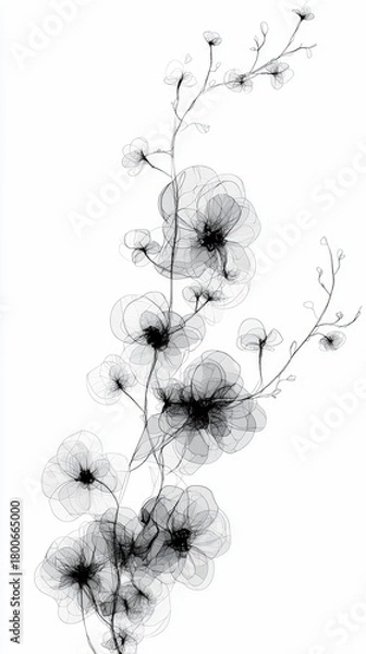 Fototapeta A delicate, monochromatic floral arrangement featuring translucent petals and thin, branching stems on a stark white background.