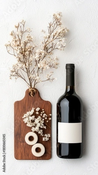 Fototapeta A dark bottle of wine with a blank label sits next to a wooden cutting board adorned with dried flowers and two small white rolls.