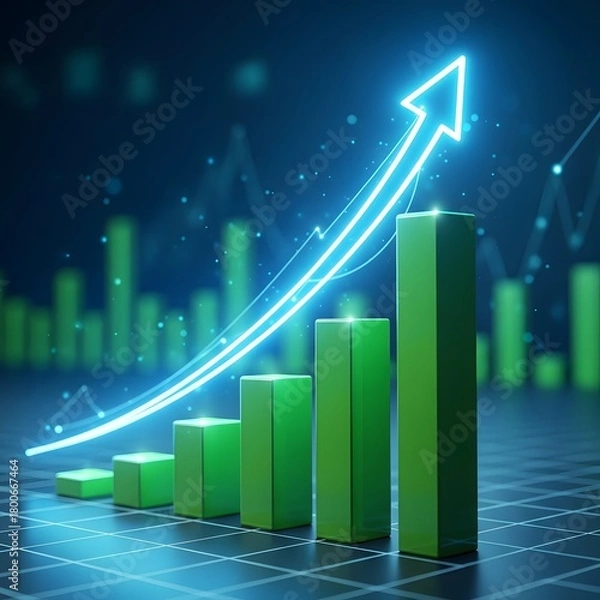 Fototapeta A digital illustration of a rising bar graph with an upward arrow indicating growth and progress in a technological or financial context