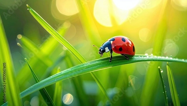 Fototapeta A vibrant red ladybug with black spots walks on a green blade of grass covered in dew drops, illuminated by soft morning sunlight.