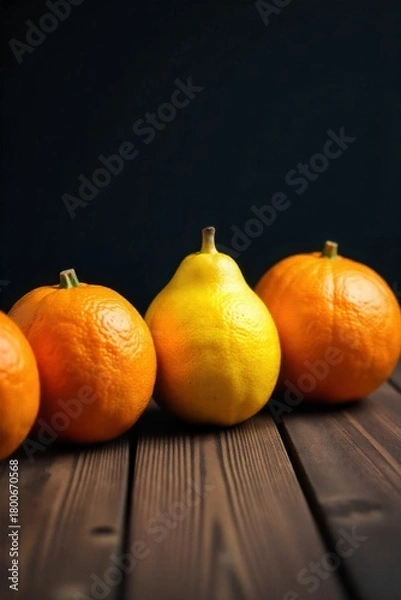 Obraz Vibrant Citrus Fruits on a Rustic Wooden Surface, Bursting with Freshness and Natural Light. Five vibrant, perfectly ripe citrus fruits (oranges, lemons, grapefruits) arranged artfully on a rustic,