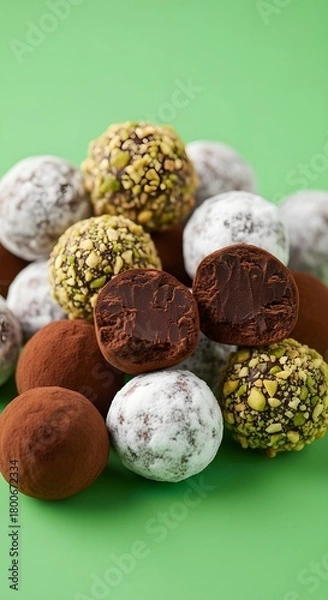 Obraz An assortment of colorful chocolate truffles and confections arranged on a vibrant green background showcasing various textures and flavors