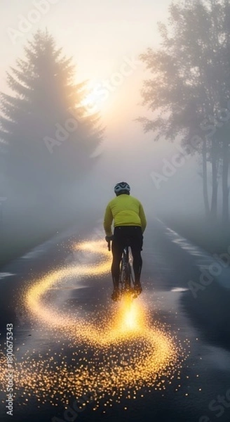 Obraz A cyclist riding on a foggy road during sunrise with glowing light trails creating a magical atmosphere