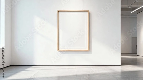 Fototapeta Empty wooden frame hanging on a white wall in a minimalist gallery space
