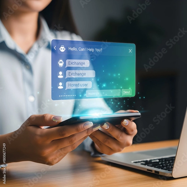 Obraz Person using smartphone with holographic AI chatbot interface