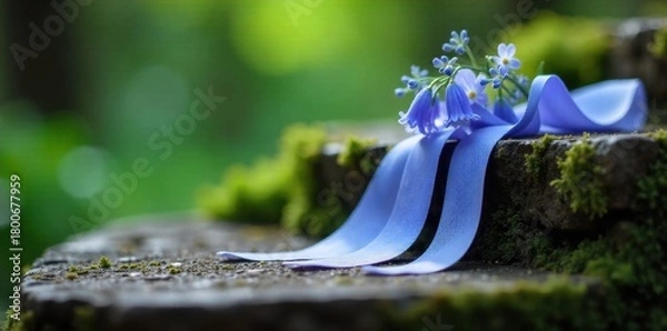 Fototapeta Bluebell ribbon draped over weathered stone steps in a garden, suggesting timeless elegance and floral accents. A soft bluebell ribbon is artfully draped over weathered, moss covered stone steps in a