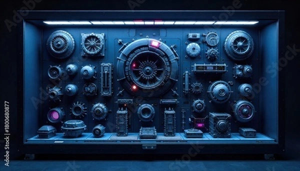 Obraz Illuminated Display Case with Futuristic Technology A sleek, futuristic display case with internal neon blue and purple lighting. Inside, display several highly detailed, miniature models of abstract,