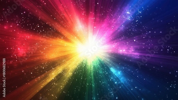 Fototapeta Abstract rainbow light explosion with stars emanating from a central point
