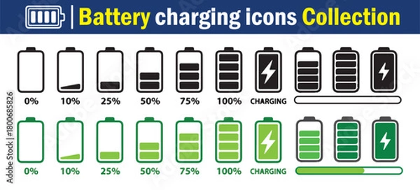 Fototapeta Battery Charging Icons Collection.  Battery charge indicator. Battery level, energy full vector template