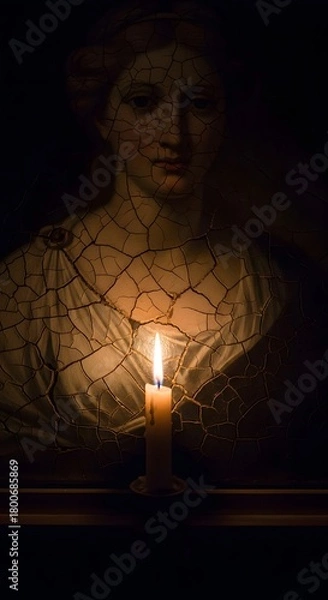 Obraz A dimly lit scene featuring a candle illuminating an ancient, cracked painting of a woman holding a candle, creating a mysterious and contemplative atmosphere