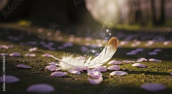 Obraz A delicate feather resting on a surface surrounded by scattered pink flower petals in a peaceful outdoor setting during daylight hours
