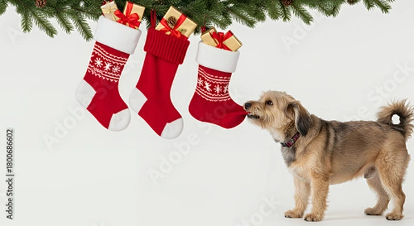 Obraz Dog pulling Christmas stocking with presents hanging from pine branches, copy space